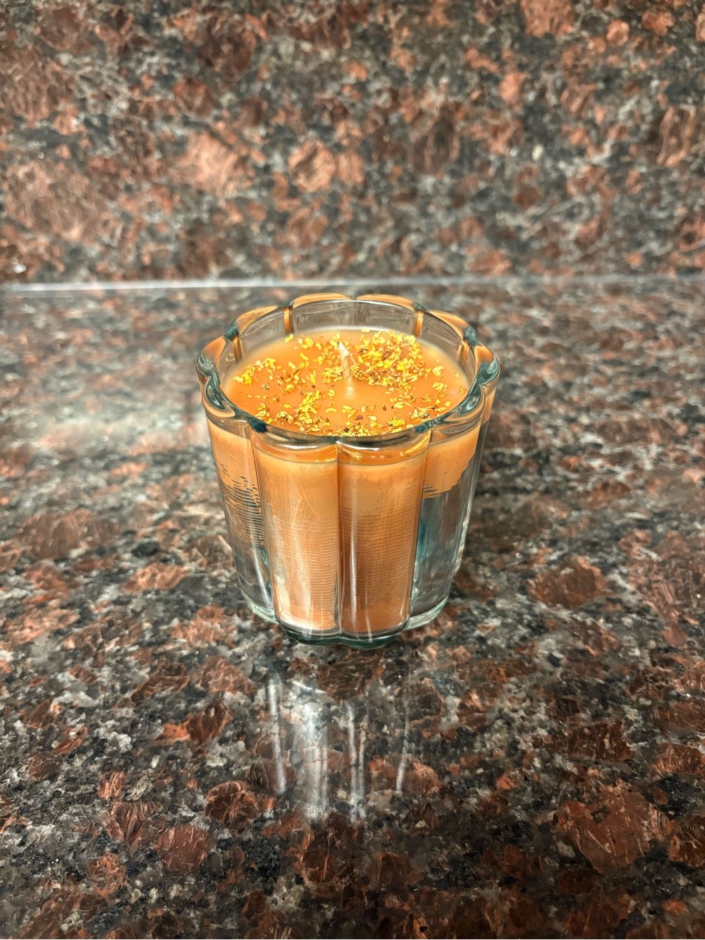 Hand-poured Orange pumpkin Scented Candle in Clear Ribbed Glass